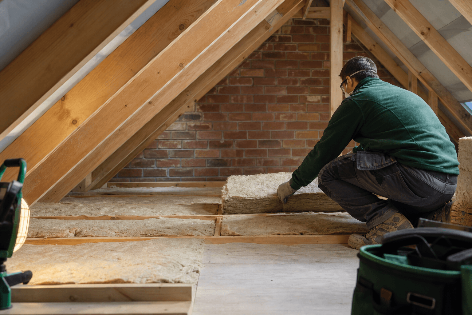 Professional installer fitting mineral wool insulation in a UK loft