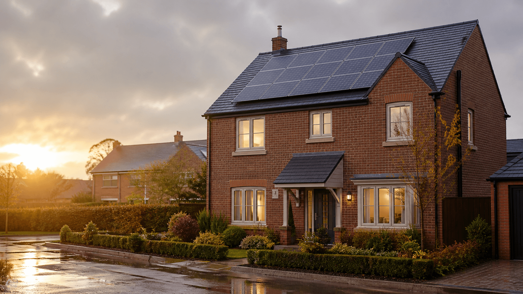 Energy-efficient UK home with rooftop solar panels at sunrise
